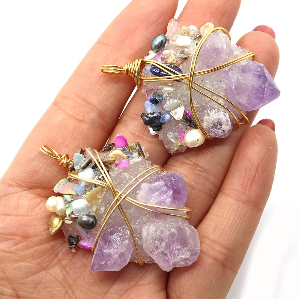 

Exquisite Irregular Natural Stone Amethyst Pendant 33-45mm Pearl Winding Charm Jewelry Making DIY Necklace Earring Accessories