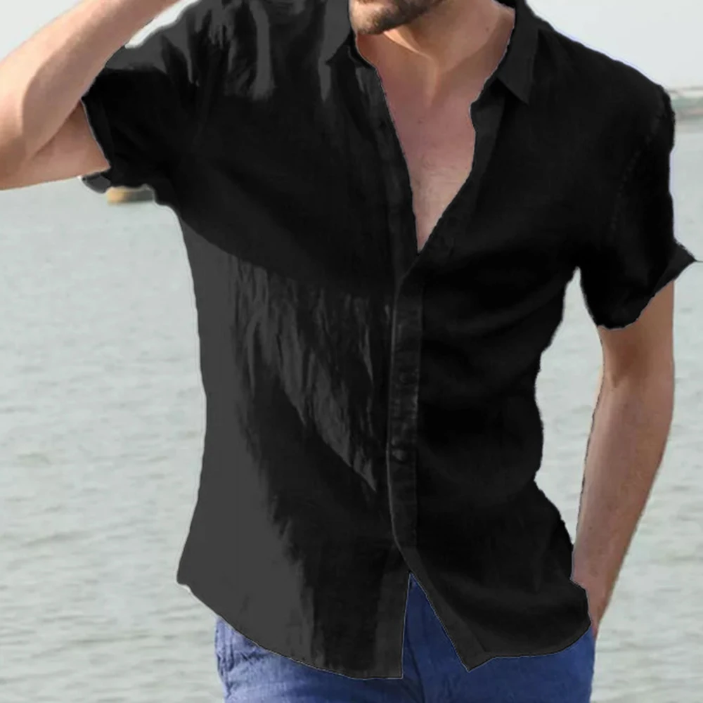 Men's Summer Solid Cardigan Shirt Short Sleeve Tops Blouse Tees Casual Beach Linen Cotton Shirt Men's Clothes