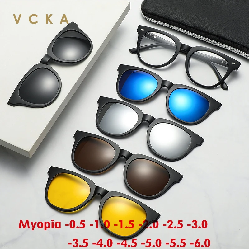 

Мужские и женские очки для близорукости VCKA, солнцезащитные очки 6 в 1 с магнитной застежкой, оправа для ночного видения для мужчин и женщин, очки по рецепту, от-0,5 до-10