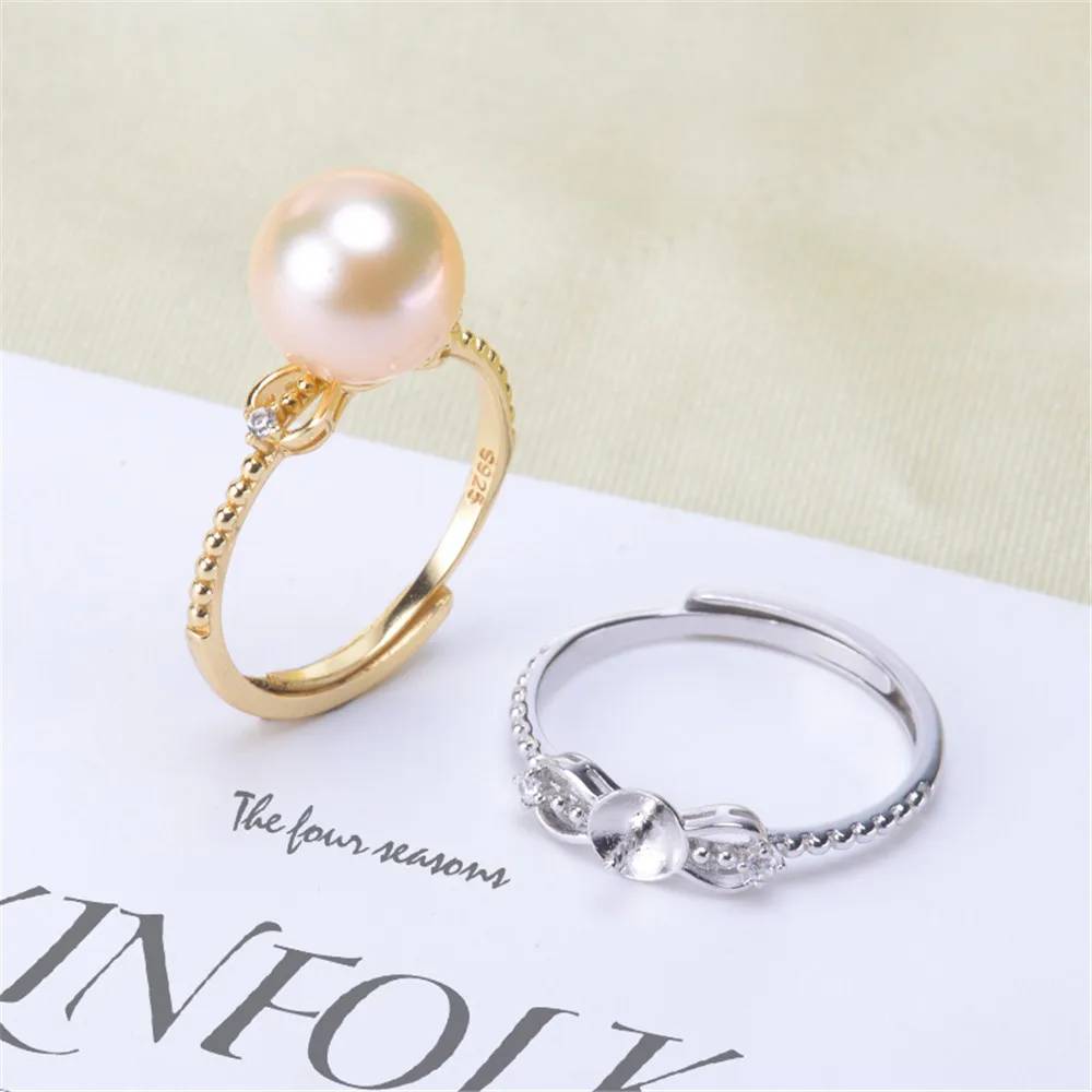 

S925 Sterling Silver Adjustable Half-hole Bead Settings Ring Fashion Classic DIY Sticky Pearl Empty Bracket Ring Holder