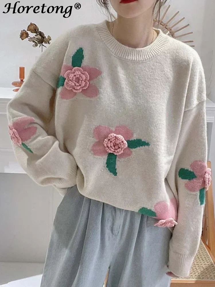 

Женский свободный пуловер с длинным рукавом, с трехмерными цветами