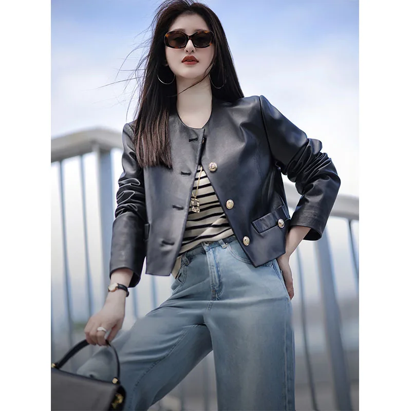 Black Round Neck PU Leather Jacket Women 2023 Autumn New Long Sleeve Casual Loose Vintage Motorcycle Jackets Single Breasted