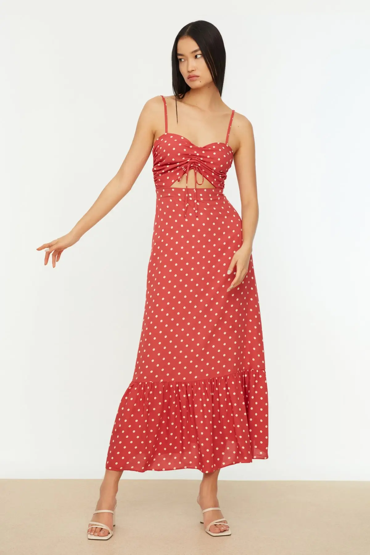 

Red polka dot halter detailed dress TWOSS20EL1875 strap Maxi standard sleeve Trend flat Regular heart collar viscose