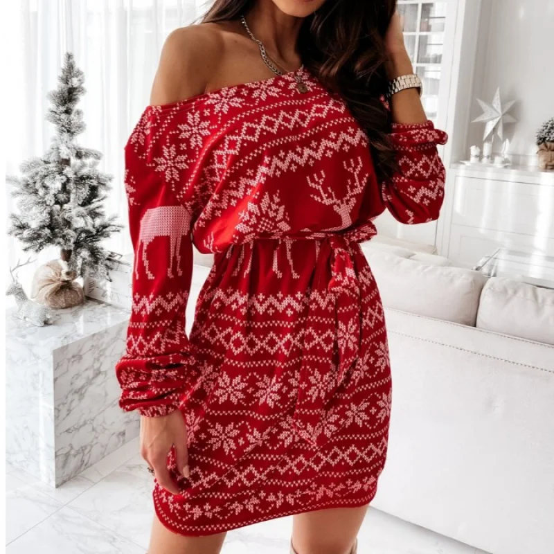 

European and American Pullover Shoulder Fashion Christmas Elk Printing Long Sleeve Dress Short SkirtChristmas Dress