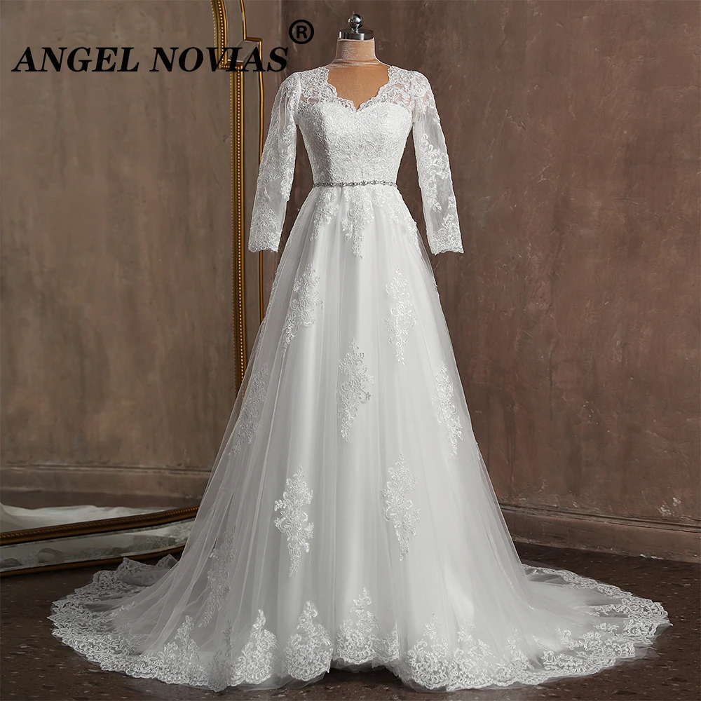 

V Neck Long Sleeves Wedding Dress Bridal Gowns Lace Up Lace Appliques Court Train Vestidos De Noiva Mariage 84651