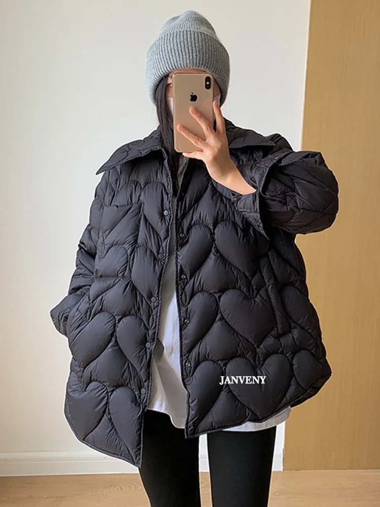 

Janveny 2022 New Fashion Winter Lightweight Shirt Puffer Jacket Women Lapel Loose Fit Button Up 90% White Duck Down Short Coat