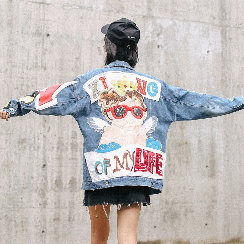 

Indie Patch Designs Denim Jacket Women Lapel Single Breasted Loose Cowboy Jacket Korean Little Angel Aesthetic Outwears Pattern