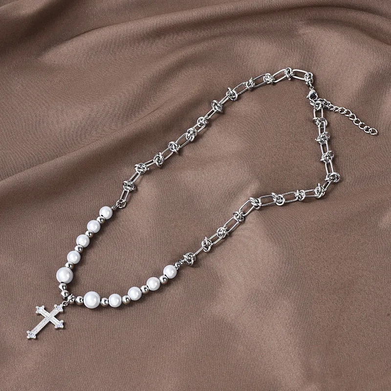 

Fashion Luxury Alloy Cross Pendant New Titanium Stainless Steel Choker Gold&Silver Color Pearl Chain Necklace Women's Party