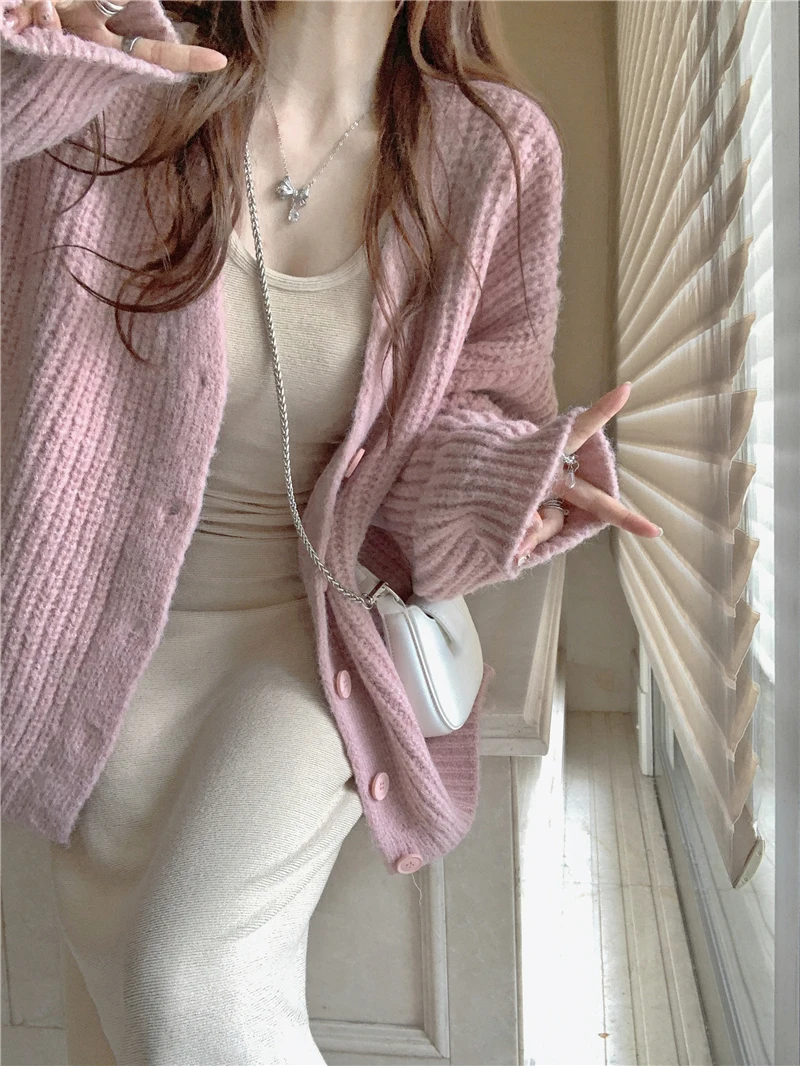 

Женский кардиган на пуговицах, повседневный однотонный розовый кардиган свободного покроя с длинными рукавами и V-образным вырезом, в Корей...