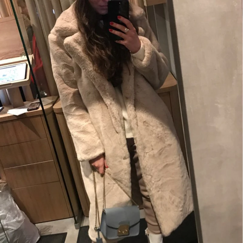 Winter Women High Quality Faux Rabbit Fur Coat Luxury Long Fur Coat Loose Lapel OverCoat Thick Warm Plus Size Female Plush Coats