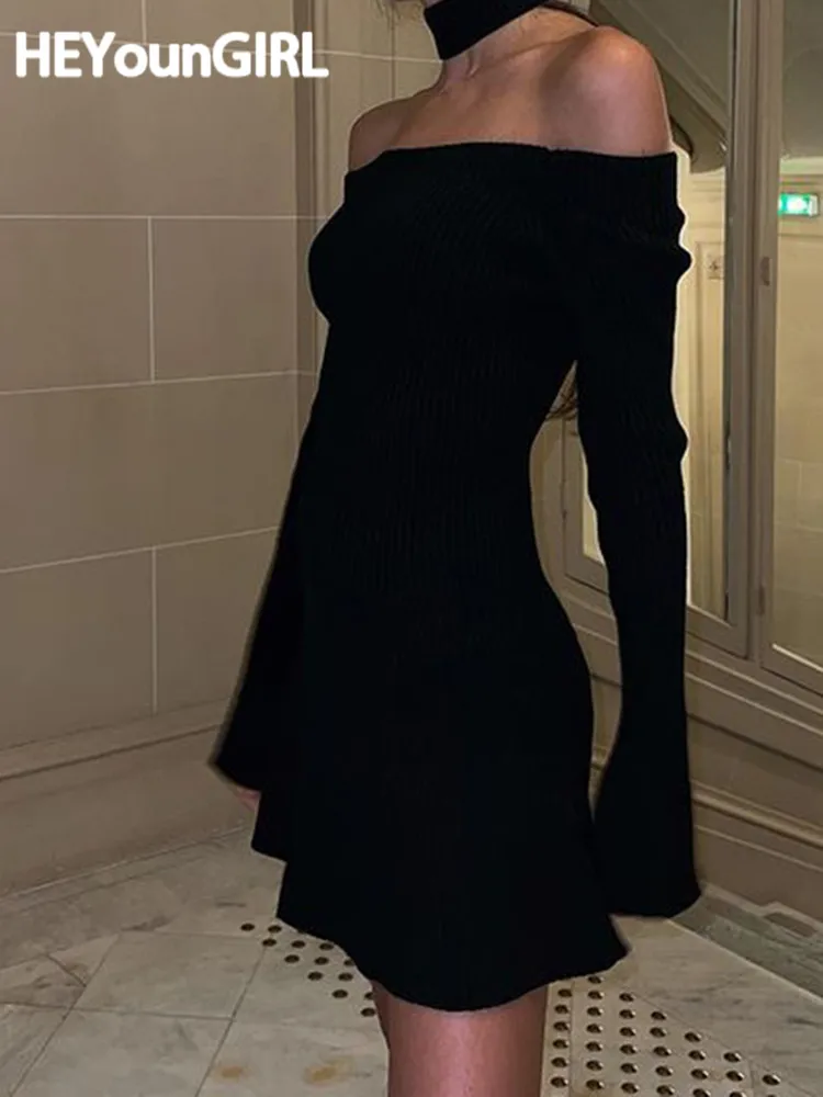

HEYounGIRL Evening Black Short Dress With Neck Gaiter Female Winter Off Shoulder Party Mini Dresses Elegant Fashion Lady Costume
