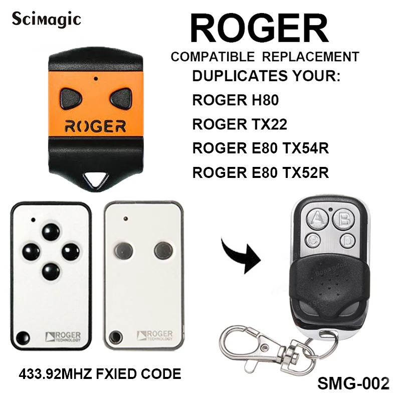 

Clone ROGER TX22 H80 E80 TX54R TX52R 433mhz Remote Control for Gate Barrier Keychain Duplicator Roger 433.92MHZ Controller
