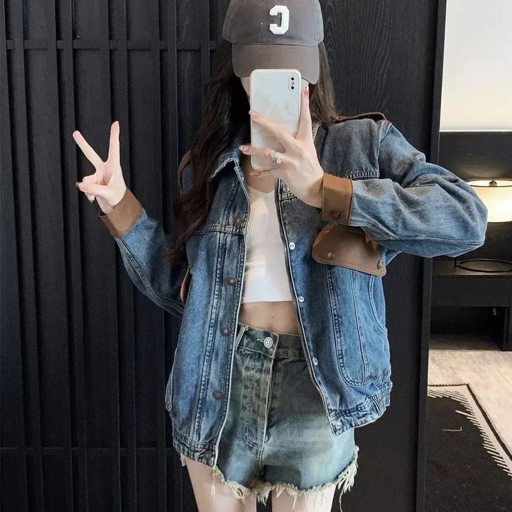 

Retro Denim Jacket Women's Trendy Ins 2022 Autumn Long Sleeve Loose Casual Pu Leather Splice Jean Coats Ladies Zipper Outerwear