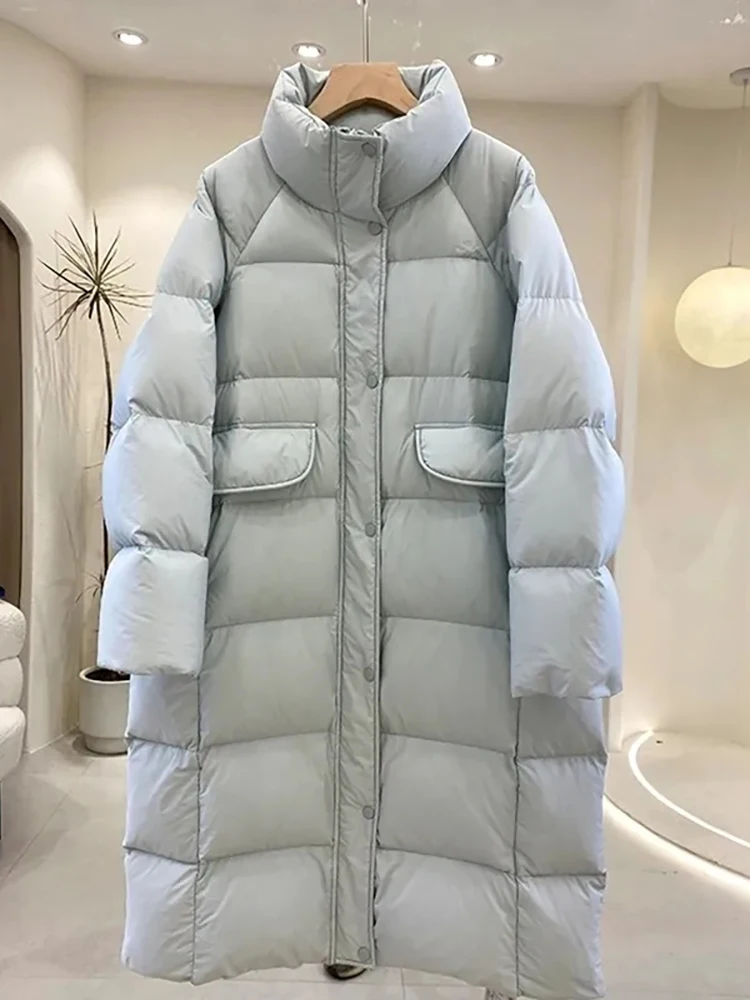 

Long Women's High Neck Straight Loose Down Jacket Autumn Winter New Fashion Solid Color Splicing Lady Casual Warm Coat
