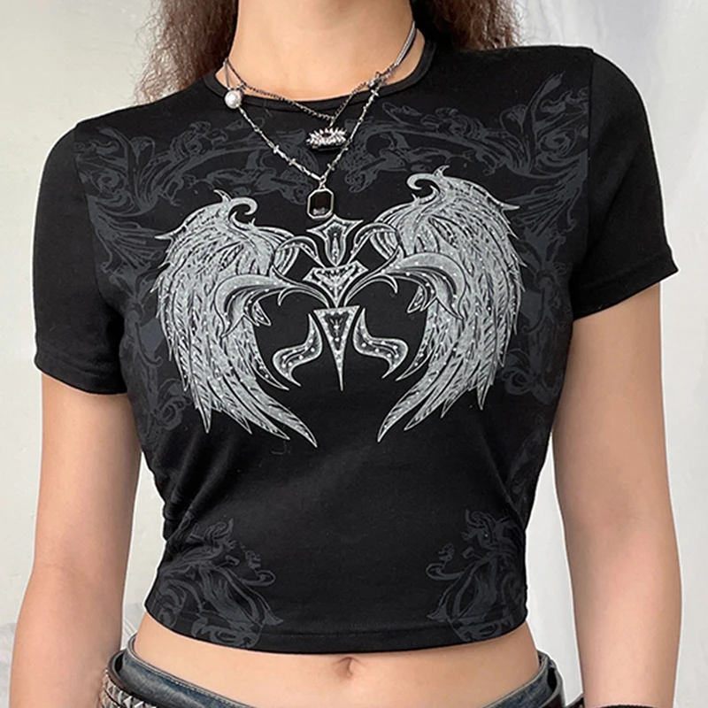 

Y2K 90s Vintage Wing Criss Cross Rhinestone Short sleeve Tee Harajuku Graphic Print O-neck T-shirt Gothic Retro Women Crop Top