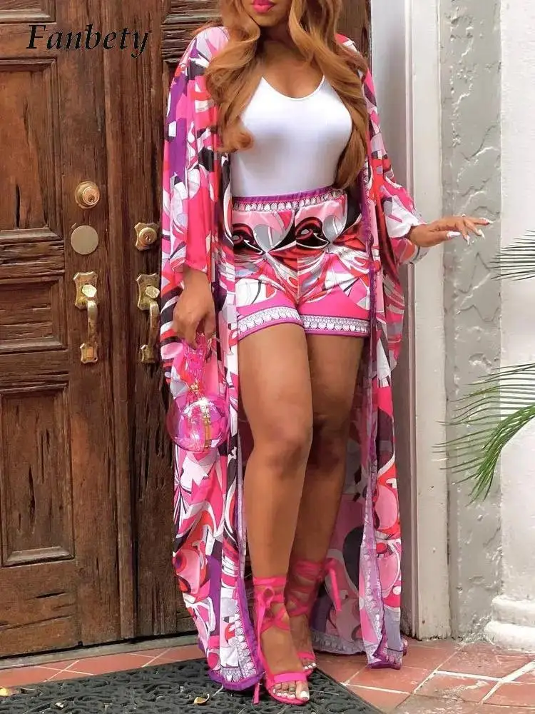 

Fashion Long Sleeves Cardigan Shorts Outfits Summer Women Beach Chiffon Set Casual Graphic Print High Waist Loose Two Piece Suit