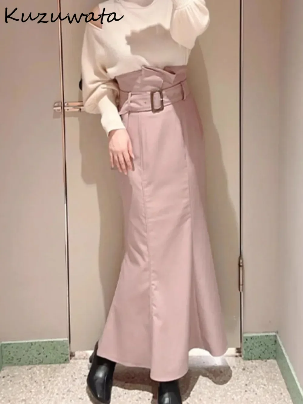 Kuzuwata Повседневные милые облегающие юбки с высокой талией и поясом Feminine Bud Mermaid Mujer