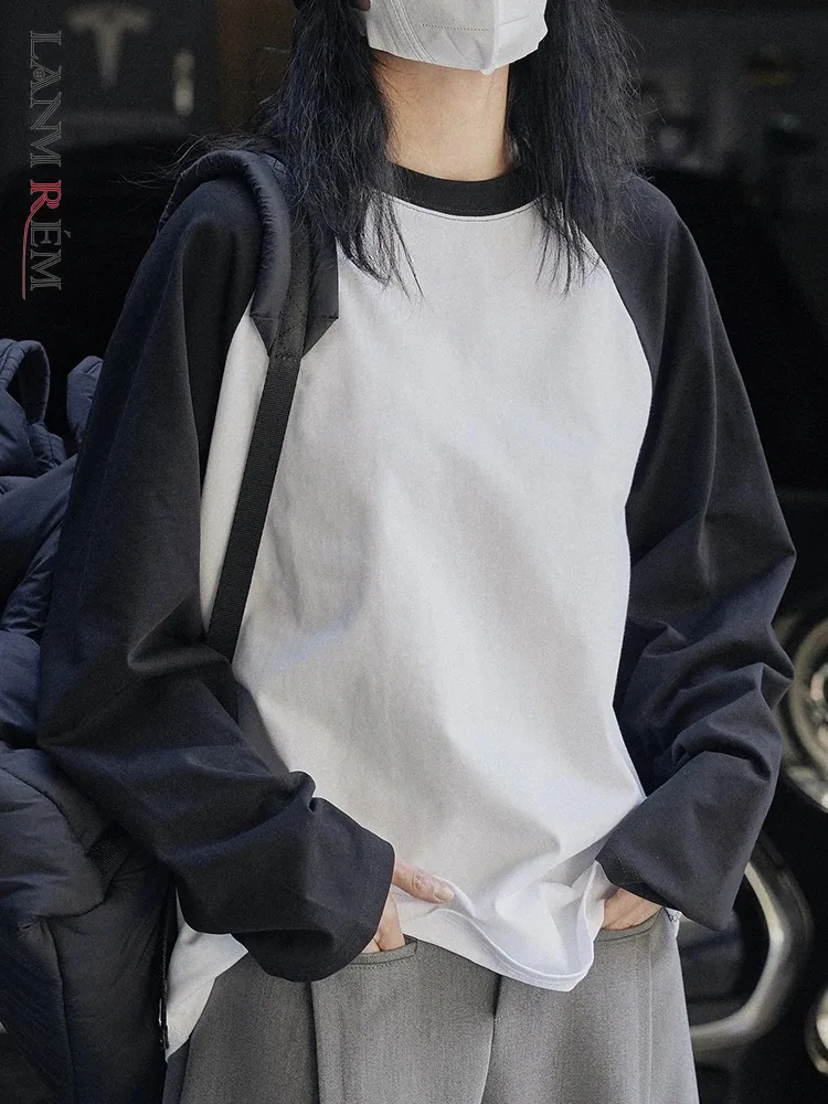 

[LANMREM] Spliced Design Long Sleeve T-shirt For Women Round Neck Simplicity Casual Tops Female Clothing 2023 Autumn New 26D4837