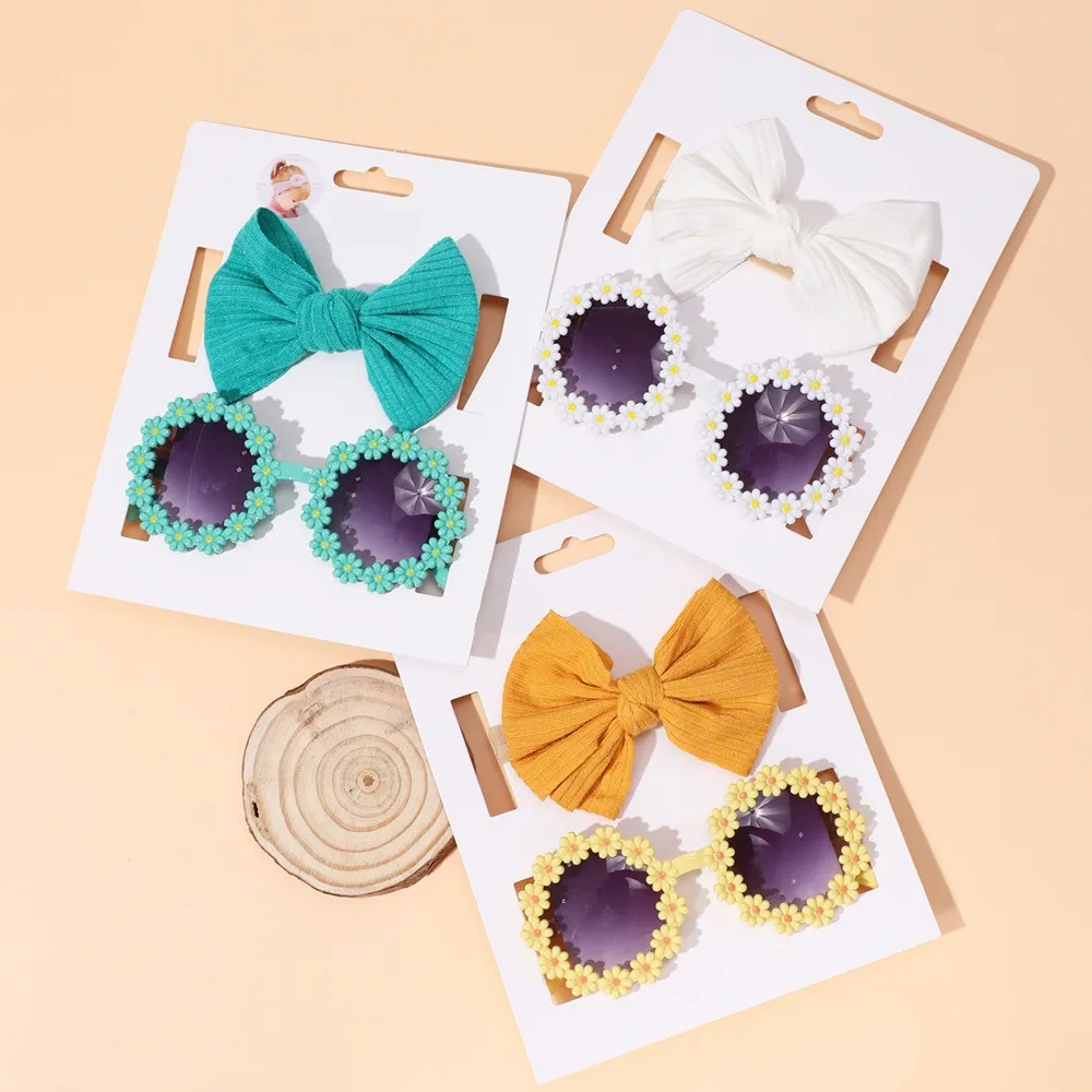 

2Pcs Baby Kids Sunglasses Headband Set Unglasses Elastic Nylon Headband Bohemia Beach Seaside Sun Glasses Kids Puff Bow Headwear
