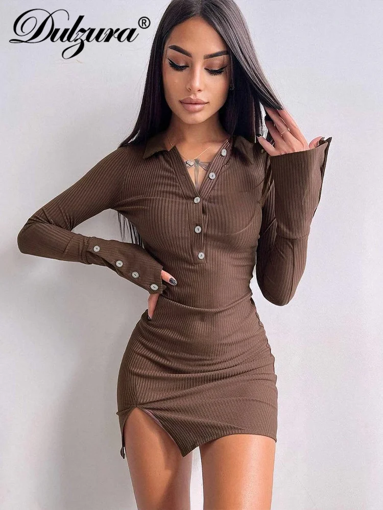 

Dulzura Autumn Rubbed Button Y2K Clothes Long Sleeve Turn Down Collar Side Slit Bodycon Mini Dresses For Women 2022 Club Party