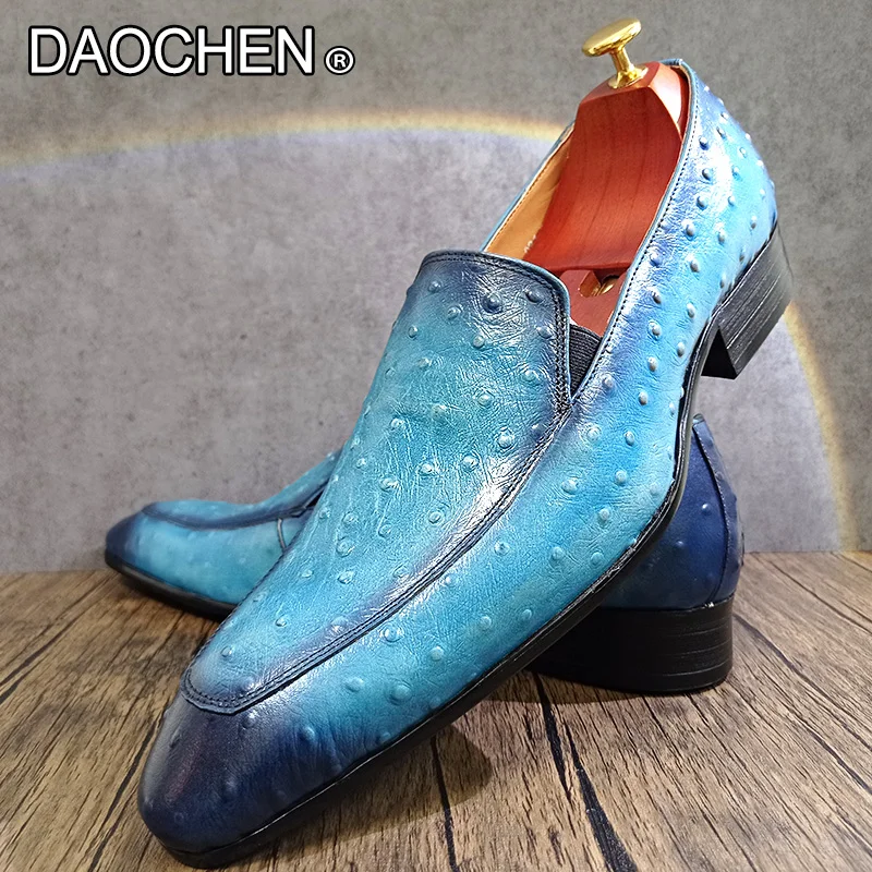 LUXURY MEN'S LOAFERS SLIP ON SHOES POINTED TOE BLACK BLUE MENS DRESS CASUAL LEATHER SHOES OSTRICH PRINT PARTY WEDDING SHOES MEN