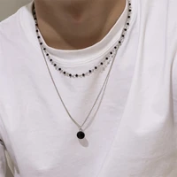 simple double layered beaded necklace black rhinestone pendant for mens of personalized jewelry