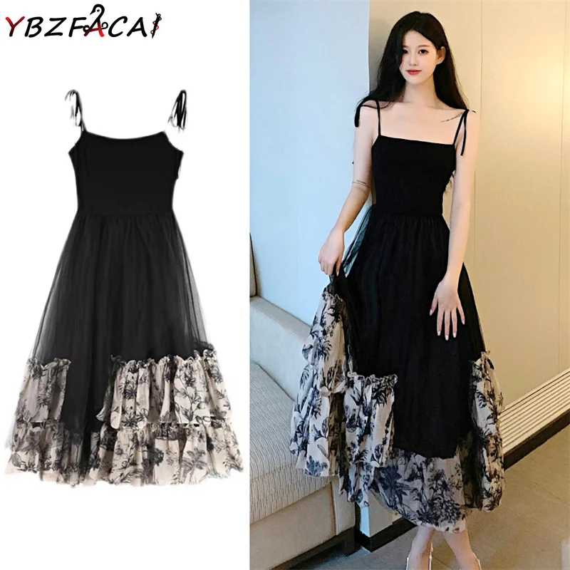 

French Retro Black Sexy Sling Long Dress Women High Quality Spaghetti Strap Mesh Piece Floral Midi Dress Summer New Puff Dress