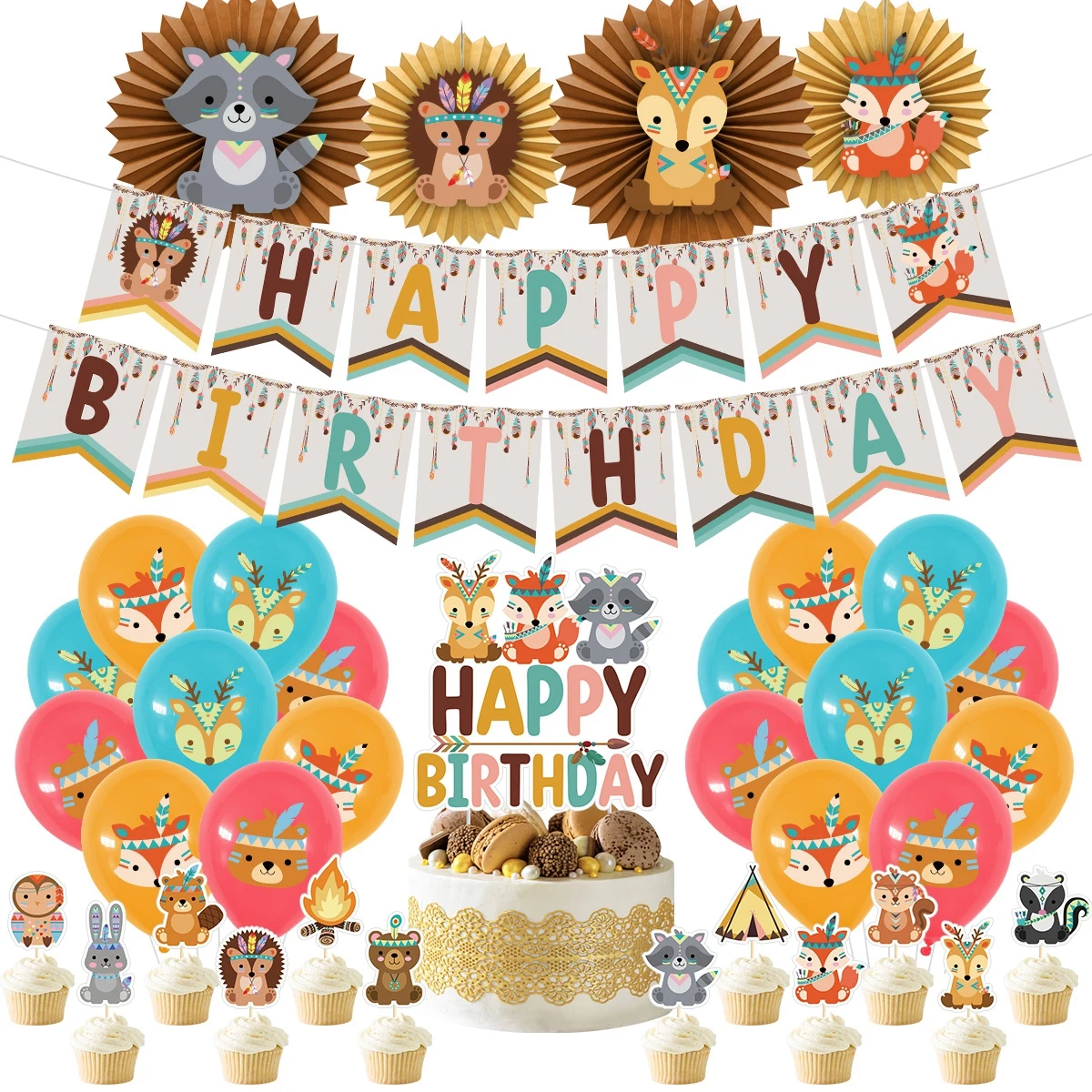 

Indian Wild Woodland Animals Birthday Banner Fox Raccoon Latex Balloons for Birthday Baby Shower Gender Reveal Party Decorations