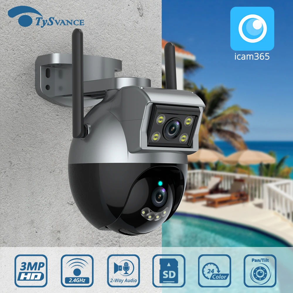 

HD 3MP Dual-Lens MINI PTZ Wifi Camera Outdoor Auto Tracking CCTV Home Security IP Camera Video Pan Tilt Speed Dome iCam365 APP