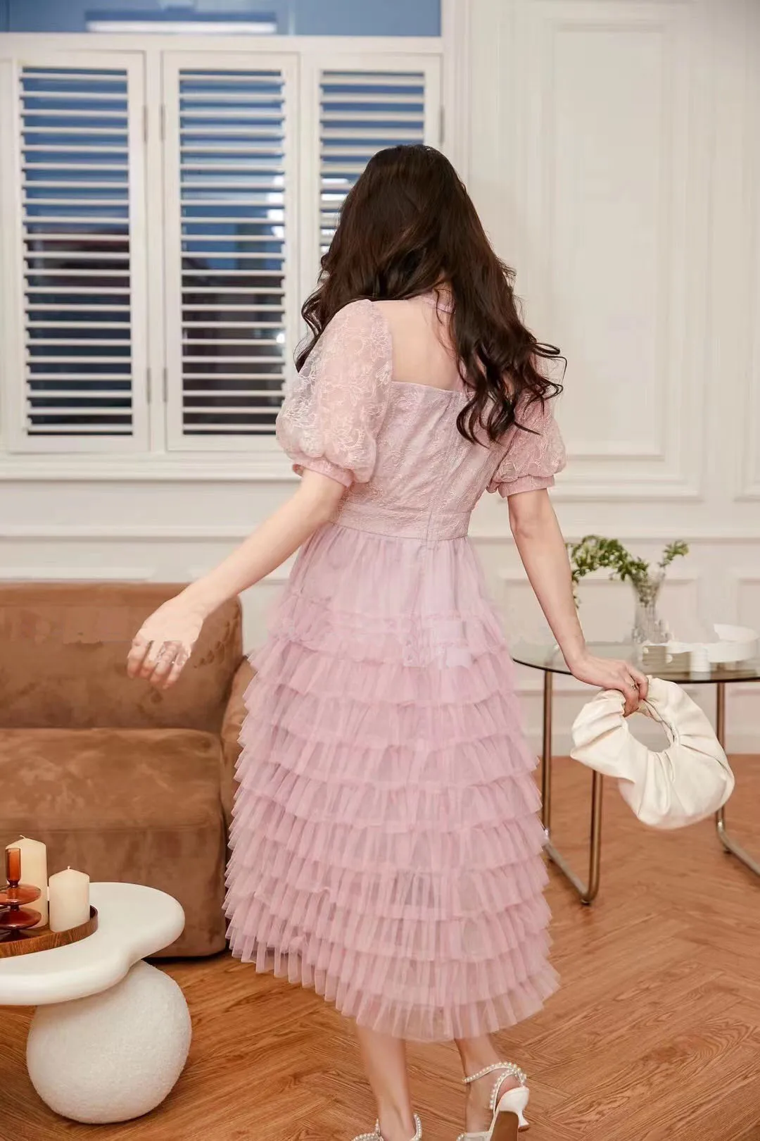 Женское дизайнерское платье с пышными рукавами элегантное Сетчатое кружевное