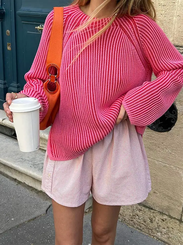 

Женский трикотажный пуловер в полоску, с круглым вырезом и длинными рукавами