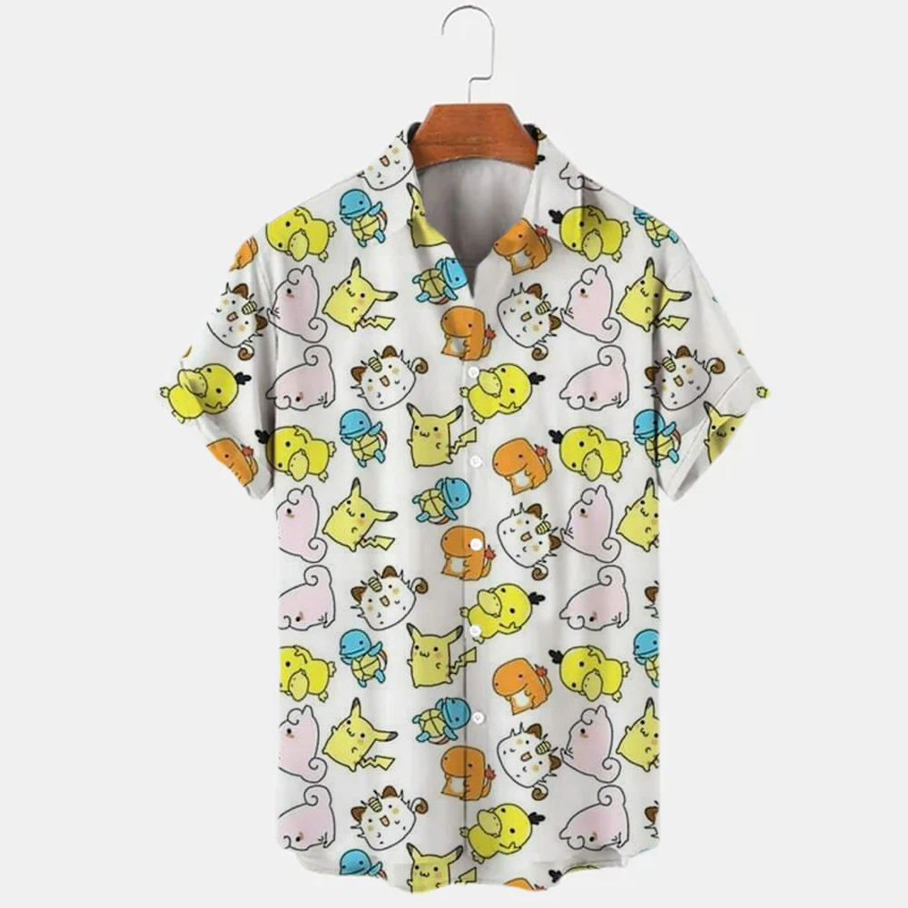 Men's Short Sleeve Shirt Summer Solid Color Lapel Casual Beach Style Oversized Japanese Cartoon Pikachu Shirt T-Shirt