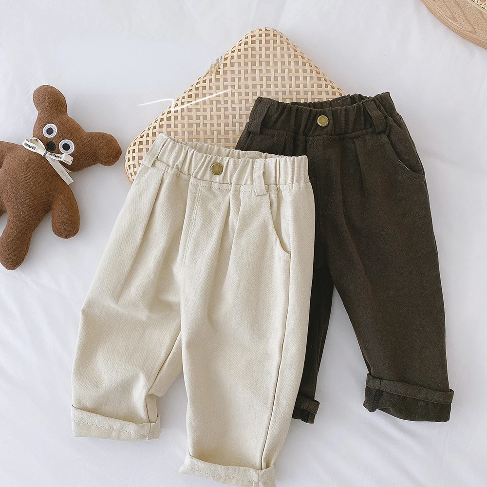 Spring Baby Boys Cotton Casual Pants Kids Cotton Clothes Fall Children's Fashion Trousers Toddler Girls Solid Color Simple Pants