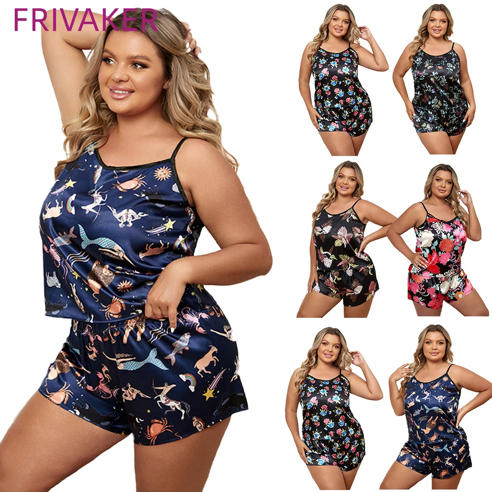 

FRIVAKER Faux Silk Plus Size Pajamas Ladies Summer Round Neck Halter Camisole Top and Shorts Sexy Loungewear Set Thin Section