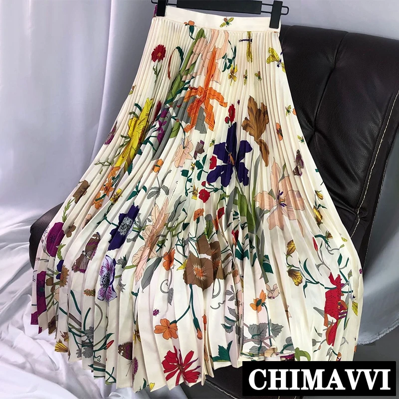 New 2023 Spring and Summer High-end Watercolor Printed Long Pleated Skirt Women High Waist Slim Ankle Length Skirts