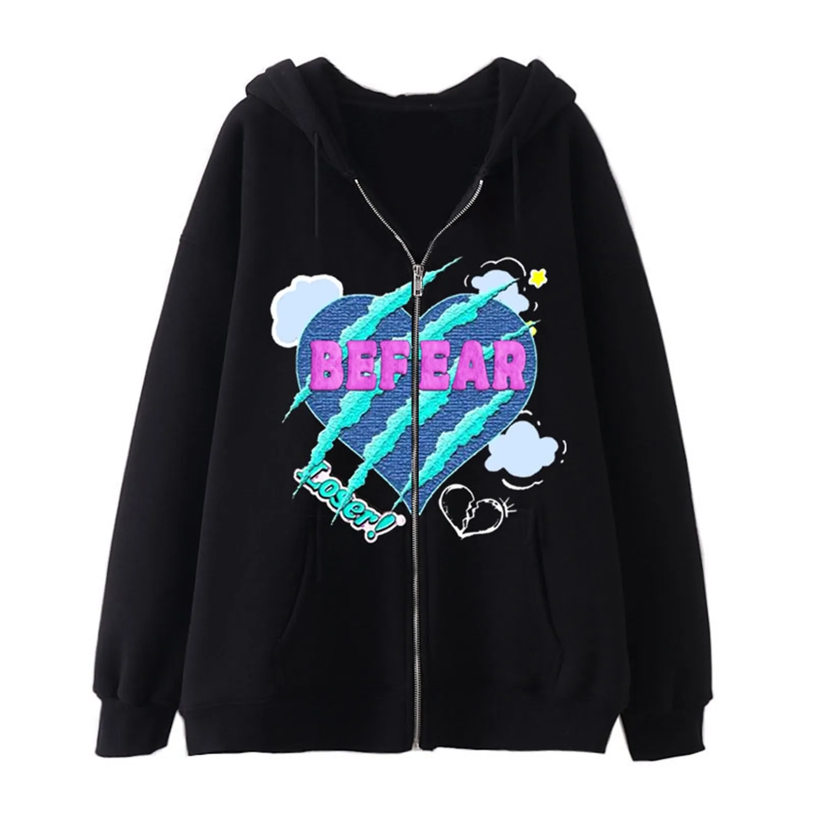 

Women Y2k Zip Up Sweatshirt Harajuku Heart Print Hoodie Retro Casual Loose Long-Sleeve Coat Vintage Street Jacket Autumn 2023