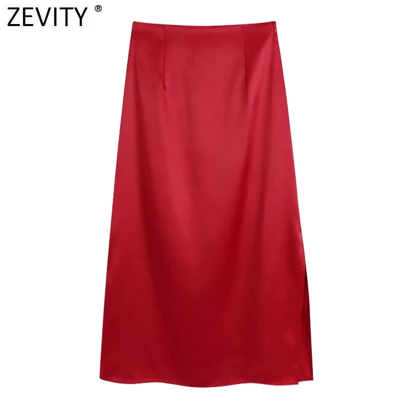 

Zevity Women Fashion Solid Color Split Satin A Line Skirt Faldas Mujer Office Lady Chic Side Zipper Casual Slim Vestidos QUN896