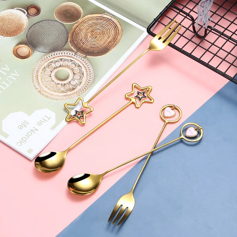 

304 креативная Подвеска из нержавеющей стали в форме звезды и сердца, искусственная десертная ложка для торта, Золотая вилка для фруктов