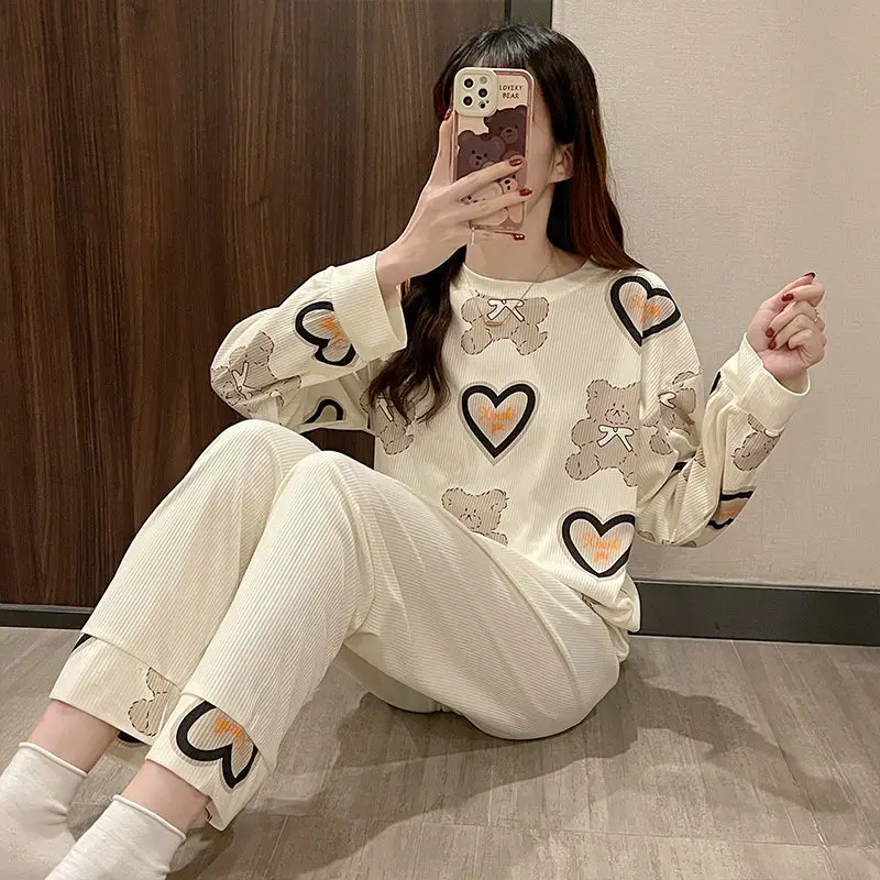 QWEEK Home Suit for Women Sleepwear Pajamas Kawaii Bear Heart-shaped Pyjamas Autumn Winter Pijamas Negligee Nightwear Roomware