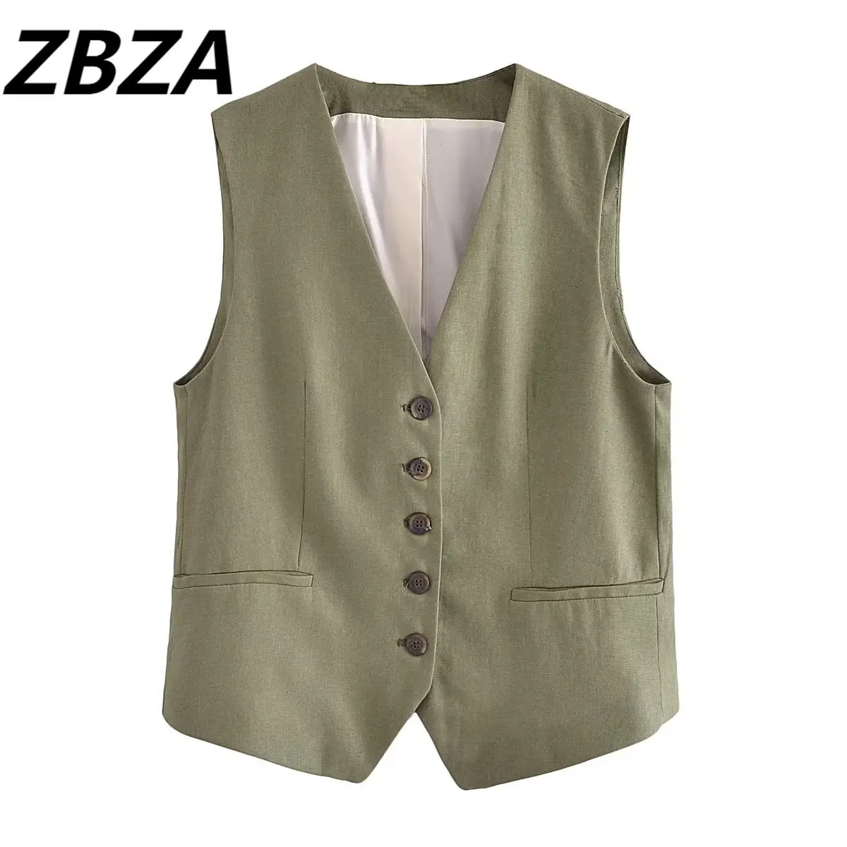 

ZBZA Women 2023 New Fashion 2 Colors Summer V-neck Flax Blended Slim Tank Tops Vintage Button Decoration Female Chic Tops