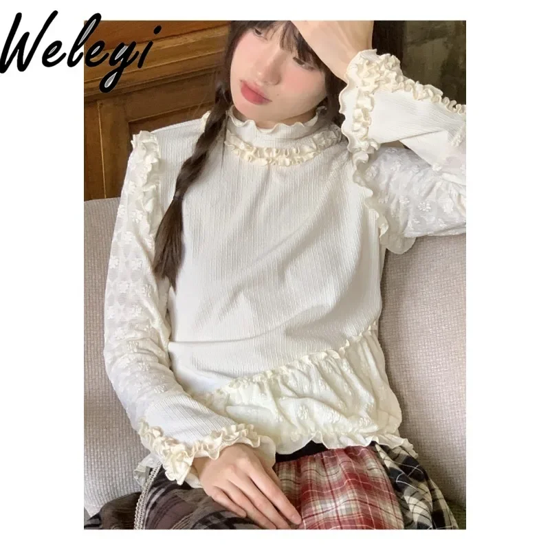 Бежевая блузка с воротником-хомутом Милая женская для девушек новинка сезона