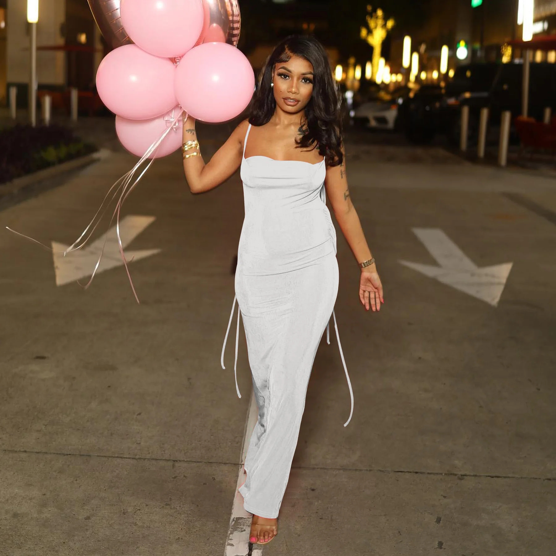 

Women Sexy Backless Ruched Party Long Dress Summer Elegant Slim Solid Color Sleeveless Lace-up Holiday Skinny Evening Dresses