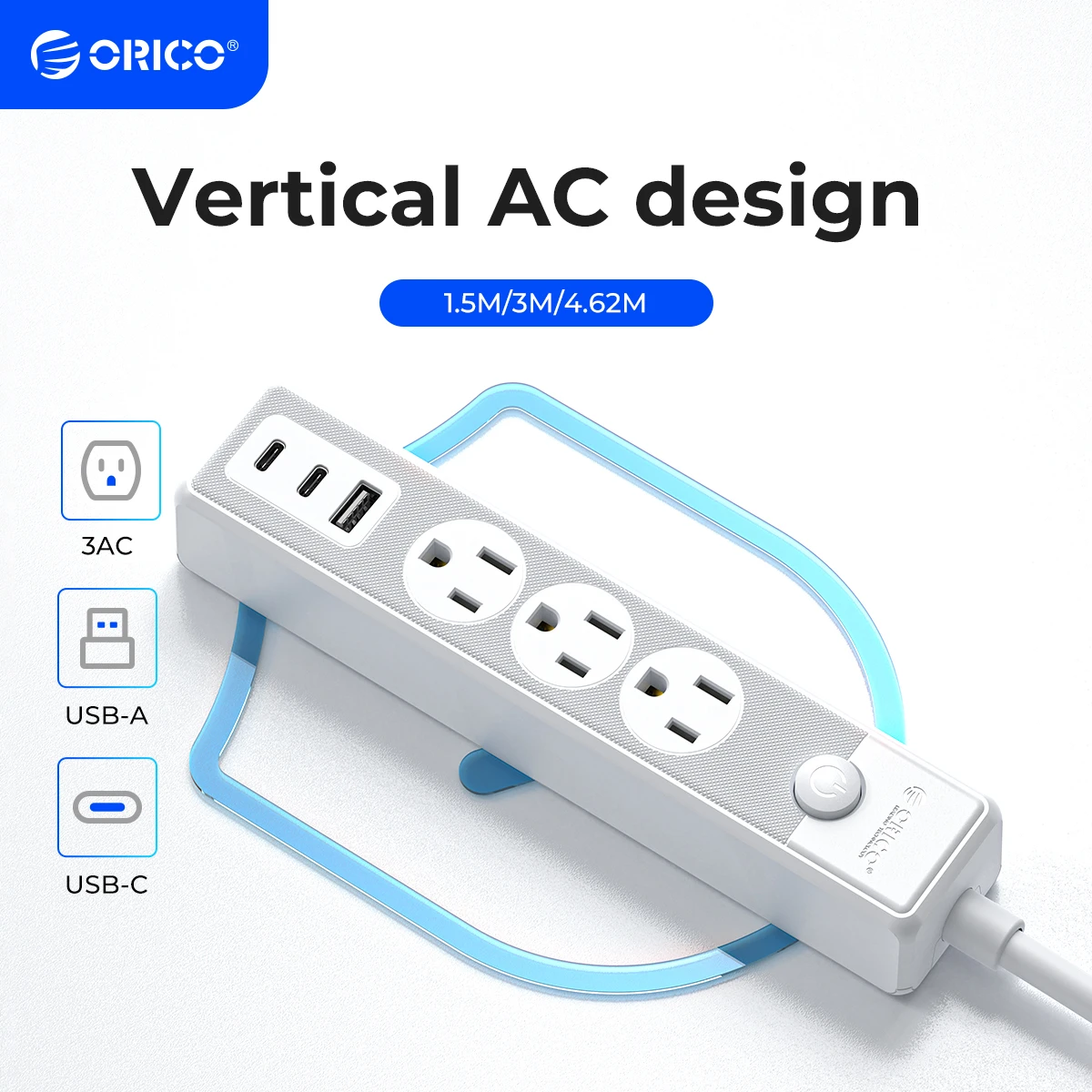 Фото ORICO 6-в-1 USB C удлинитель с плоской вилкой 3AC 2USB-C QC15.5W для путешествий, домашнего офиса, 7 защитных устройств ​ №1