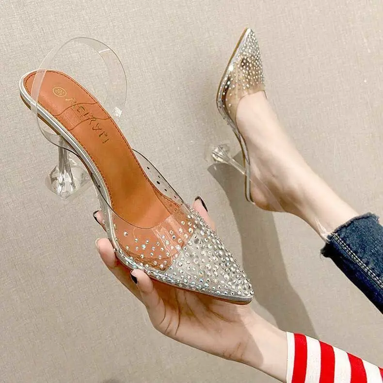 

High Heels Sandals Crystal Heel Transparent Strap Women Sandals Stiletto Rhinestone Pointed Toe High Heels Shoes