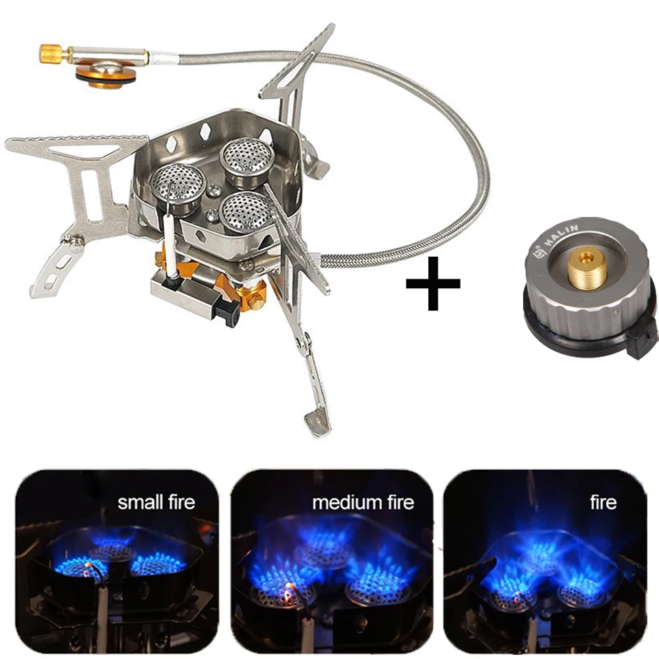 

2023 Outdoor Portable Three Core Furnace 3 Burners Camp Gas Stove Portable Windproof Burner Folding Ultralight Picnic Cooking