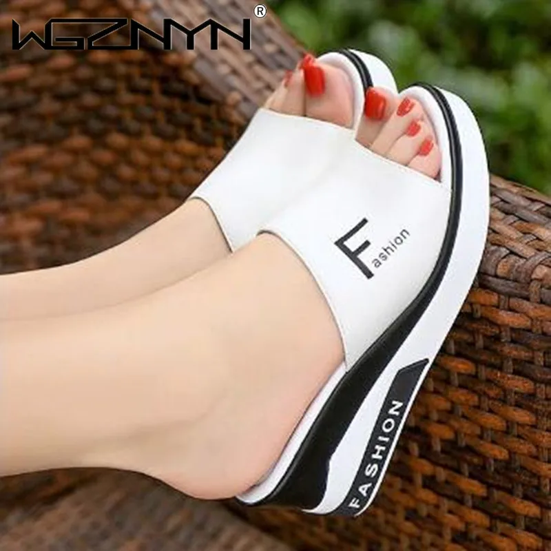 

NEW Summer Women Slippers High Quality Leather Thick Sole Slippers Female Platform White Slides Woman Wedge Slippers for Women