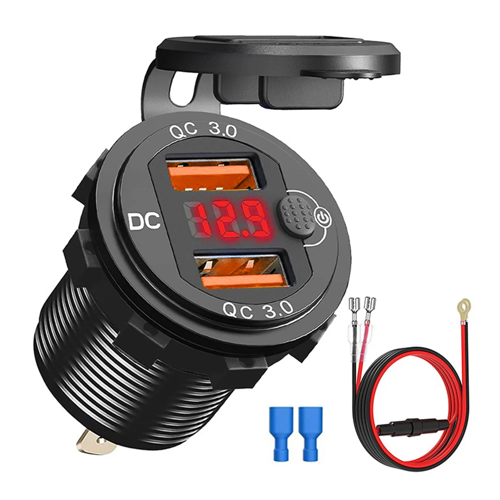

QC3.0 Car Dual USB Port Charger Socket 12V/24V 36W Quick Charge with Voltmeter Switch for Marine Motorcycle Boat A
