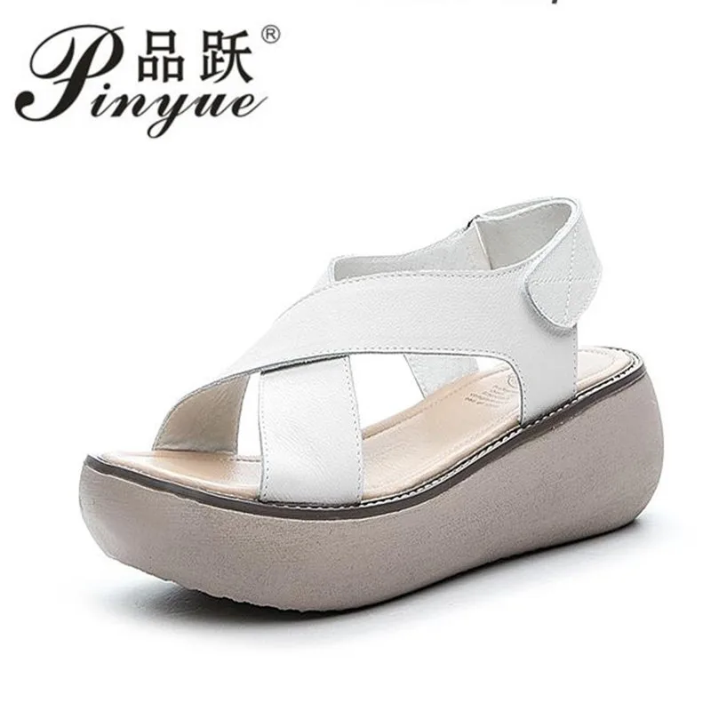 

7cm Fashion Summer Vintage Genuine Leather Flat Platform Sandals Women Hook And Loop Cross Strap Flat Sandals size 34-40