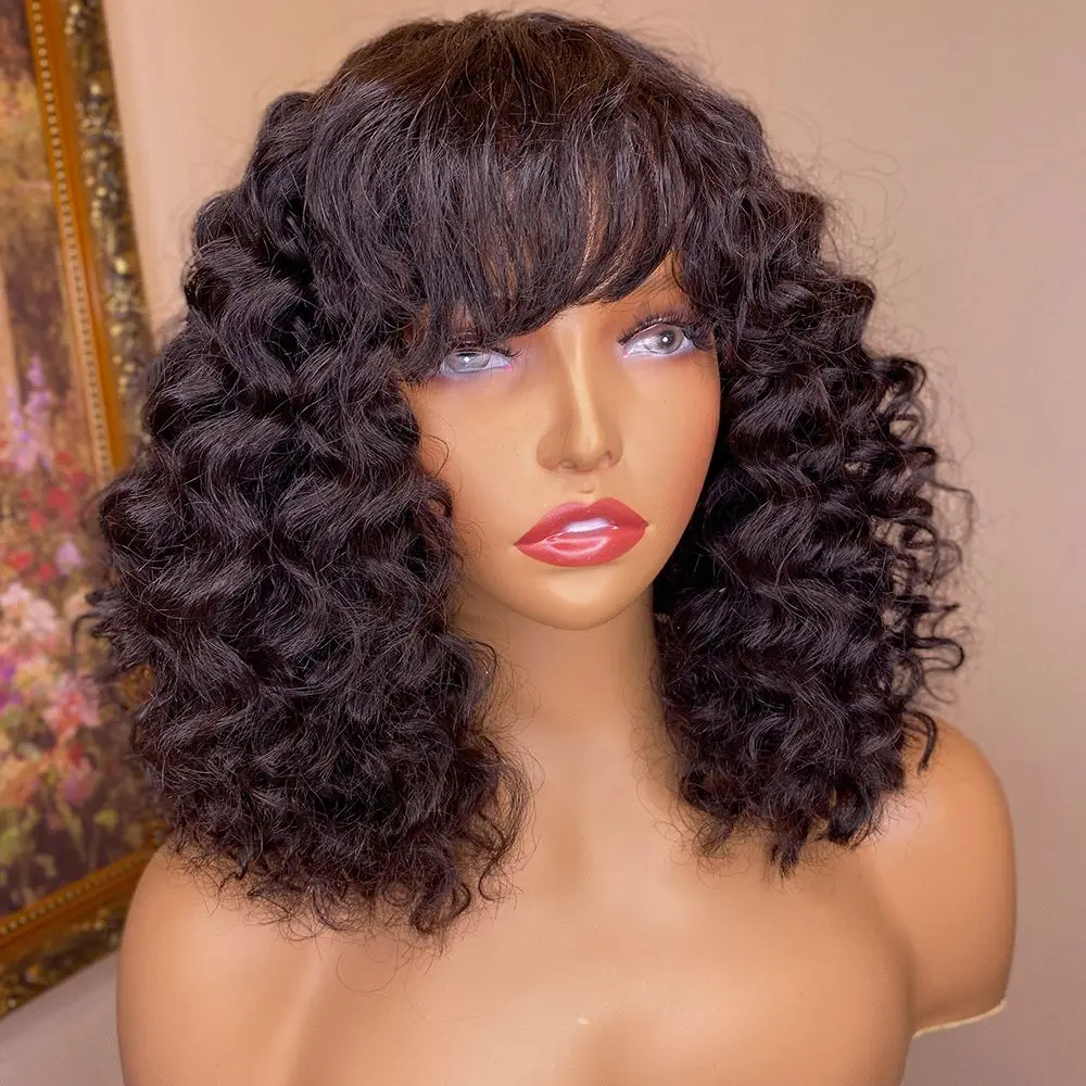 

Bouncy Curly Fringe Wig Pixie Cut Wig Short Curly Human Hair Wigs for Women Cheap Full Machine Wigs Egg Curls Bob Wig With Bangs