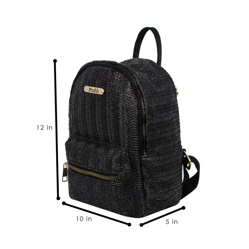 Mudd Women's Black Straw Backpack With Adjustable Shoulder Strap For School and Travel
